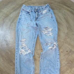 American Eagle Outfitters Blue Straight Leg Jeans with Distressed Details
